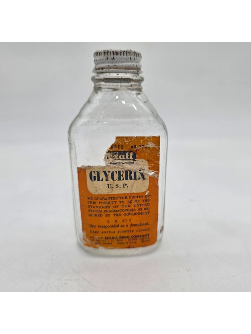 Vintage Rexall Glycerin U.S.P. Glass Bottle With Original Label